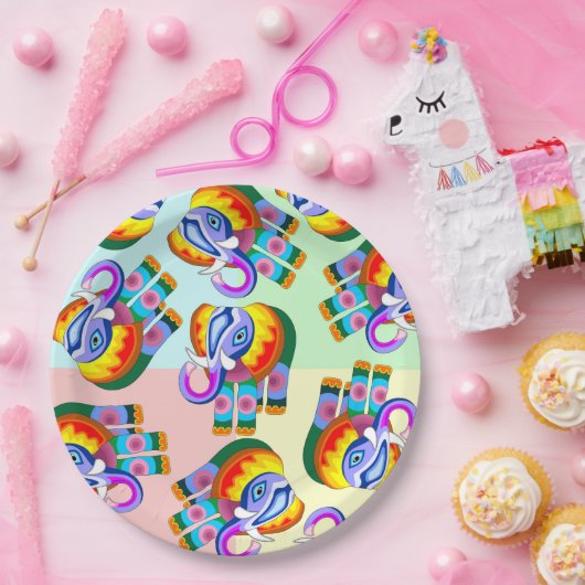 Assiettes En Carton Couleurs arc-en-ciel éléphant (Fête)