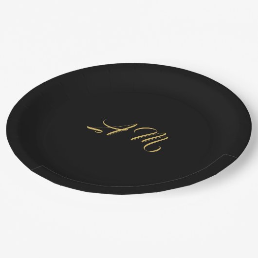 Assiettes En Carton Couleurs d'or noir Monogramme Calligraphie initial (Angle)
