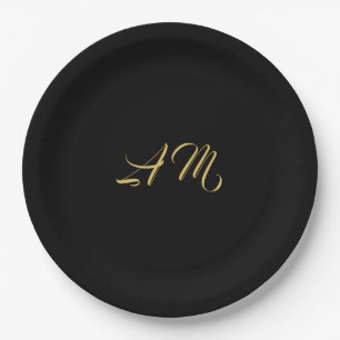 Assiettes En Carton Couleurs d'or noir Monogramme Calligraphie initial