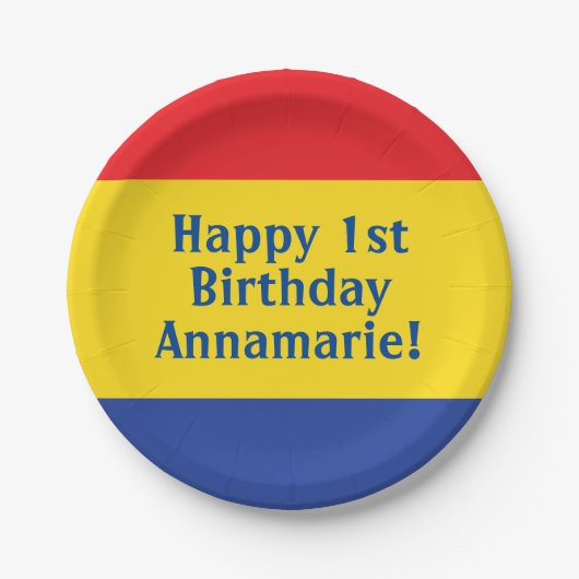 Assiettes En Carton Couleurs primaires Rouge Jaune Bleu 1er anniversai (Devant)