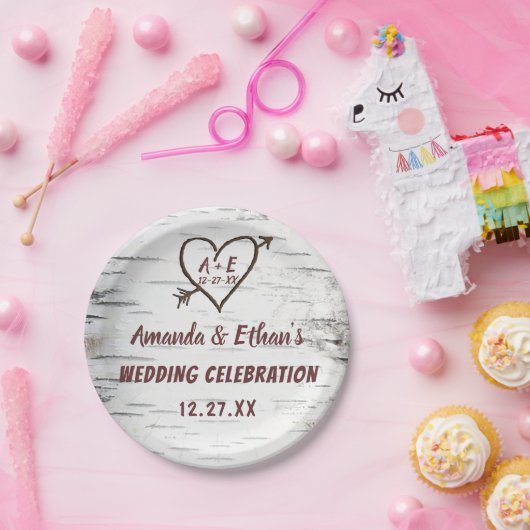 Assiettes En Carton Country Birch Tree Bark Heart Flèche Mariage rusti (Fête)