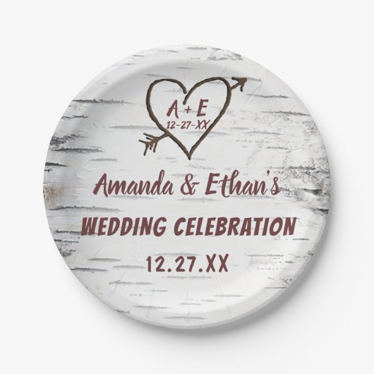 Assiettes En Carton Country Birch Tree Bark Heart Flèche Mariage rusti (Devant)
