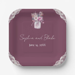 Assiettes En Carton Country Lace Mason Jar Burgundy Mariage