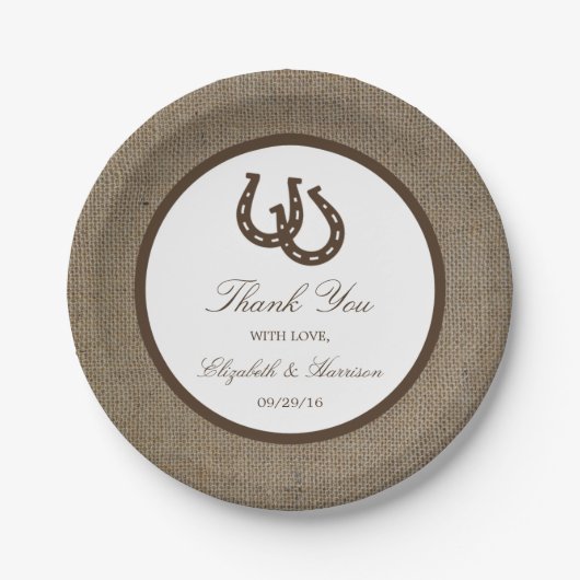 Assiettes En Carton Country Rustic Horseshoe Sur Burlap Mariage (Devant)