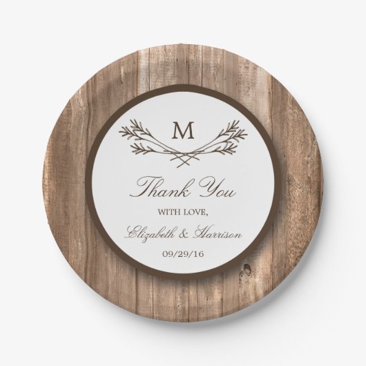 Assiettes En Carton Country Rustic Monogram Branche & Mariage bois (Devant)