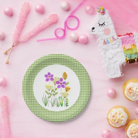 Assiettes En Carton Country Style Green En vichy et Fleur sauvage Part (Fête)