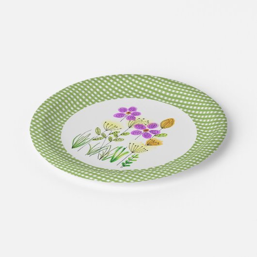 Assiettes En Carton Country Style Green En vichy et Fleur sauvage Part (Angle)