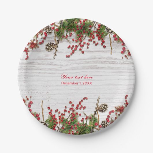 Assiettes En Carton Country Winter Holiday Berries & Pine Cone Mariage (Devant)