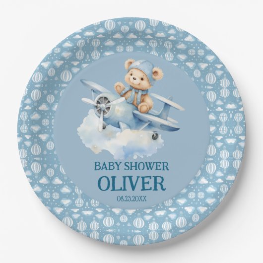 Assiettes En Carton Coupe Bear Blue Plane Time Vol Un 1er anniversaire (Devant)