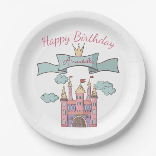 Assiettes En Carton Coupe rose Fairy Tale Princess Castle Nom personna (Devant)