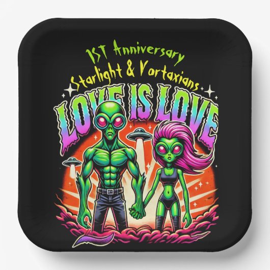 Assiettes En Carton Couple Alien dans l'amour cosmique (Recto)