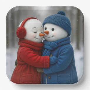 Assiettes En Carton Couple de bonhommes de neige s'étreignant dans une