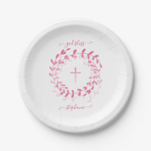 Assiettes En Carton Courbe et croix roses de communion