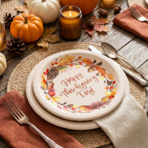 Assiettes En Carton Couronne de feuilles de Thanksgiving Joyeux Fête D