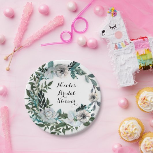 Assiettes En Carton Couronne de fleurs botaniques florales blanches (Fête)