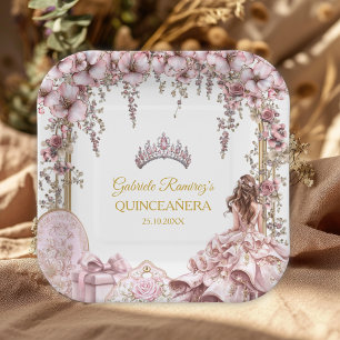 Assiettes En Carton Couronne de fleurs de Quinceañera en rose poudré e