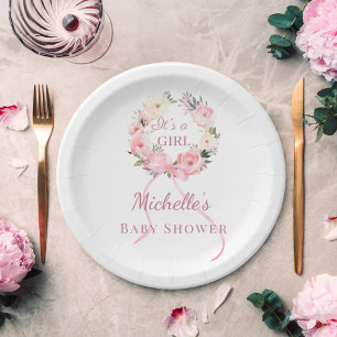 Assiettes En Carton Couronne de fleurs roses pour Baby Shower fille 