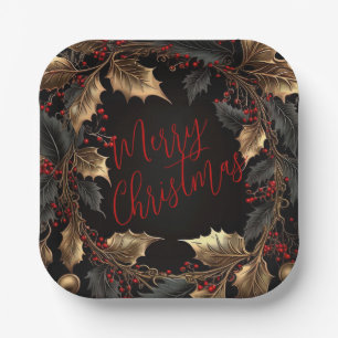Assiettes En Carton Couronne de houx doré – Noël élégant