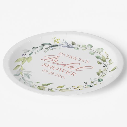 Assiettes En Carton Couronne de mariage avec eucalyptus verdoyant (Angle)