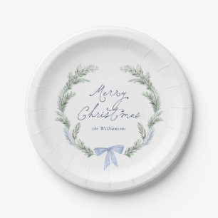 Assiettes En Carton Couronne de Noël au ruban bleu botanique