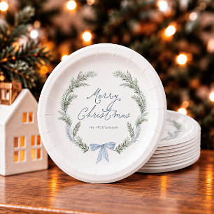 Assiettes En Carton Couronne de Noël au ruban bleu botanique