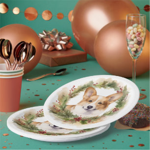 Assiettes En Carton Couronne de Noël Corgi Chien de fête