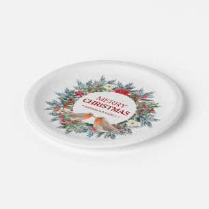 Assiettes En Carton Couronne de Noël, Robin des oiseaux Joyeux texte d