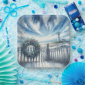 Assiettes En Carton Couronne de Noël sur une clôture de plage (Fête)