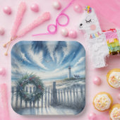 Assiettes En Carton Couronne de Noël sur une clôture de plage (Fête)