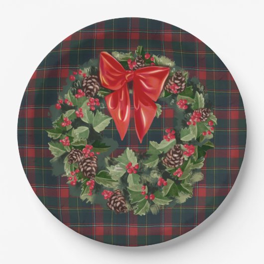 Assiettes En Carton Couronne de Noël Tartan du Québec (Devant)