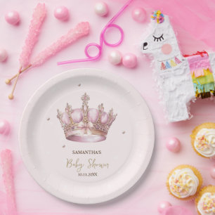 Assiettes En Carton Couronne de Petite Princesse Perles Points Bébé Na