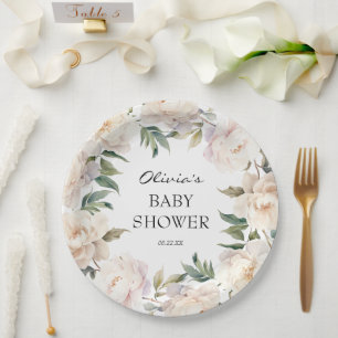 Assiettes En Carton Couronne de pivoine neutre pour une baby shower de