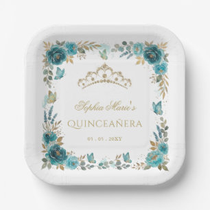Assiettes En Carton Couronne de Teal papillon floral Quinceañera