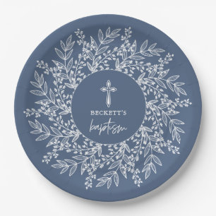 Assiettes En Carton Couronne élégante et croix Baptême de garçon bleu