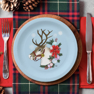 Assiettes En Carton Couronne festive de Noël en bleu avec des rennes