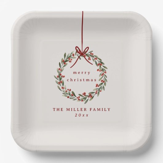 Assiettes En Carton Couronne feuillage de Noël avec arc rouge (Recto)