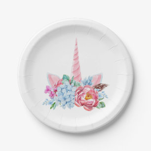 Assiettes En Carton Couronne florale de licorne d'aquarelle