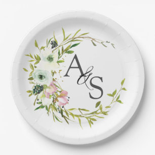 Assiettes En Carton Couronne florale monographique Blush & White