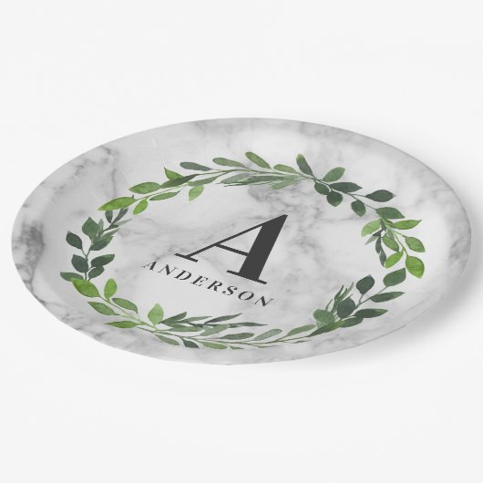Assiettes En Carton Couronne initiale en marbre et aquarelle (Angle)