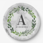 Assiettes En Carton Couronne initiale en marbre et aquarelle (Devant)