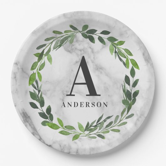 Assiettes En Carton Couronne initiale en marbre et aquarelle (Devant)