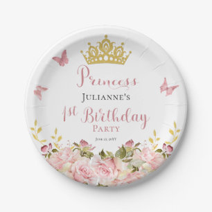 Assiettes En Carton Couronne   Papillons Floral Princess 1er anniversa