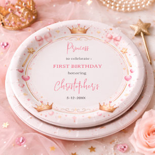 Assiettes En Carton Couronne Princesse en Or Rose Conte de Fées 1er An