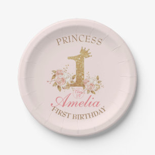 Assiettes En Carton Couronne rose princesse 1er anniversaire