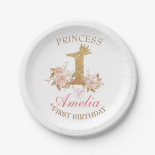 Assiettes En Carton Couronne rose princesse 1er anniversaire