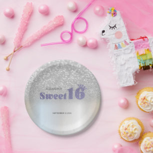 Assiettes En Carton Couronne Sweet 16 Bokeh Paillettes Argentées