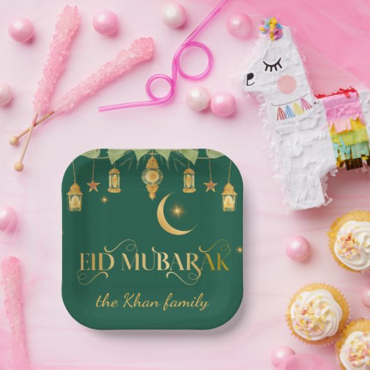 Assiettes En Carton Coutume "Aïd Moubarak" Lanternes Vertes En Or + Lu (Fête)