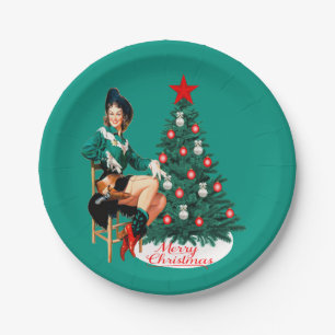 Assiettes En Carton Cow-girl vintage avec l'arbre de Noël joyeux