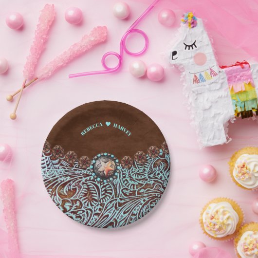 Assiettes En Carton cowboy en cuir marron turquoise pays ouest (Fête)