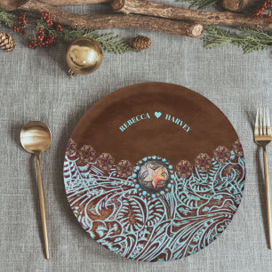 Assiettes En Carton cowboy en cuir marron turquoise pays ouest